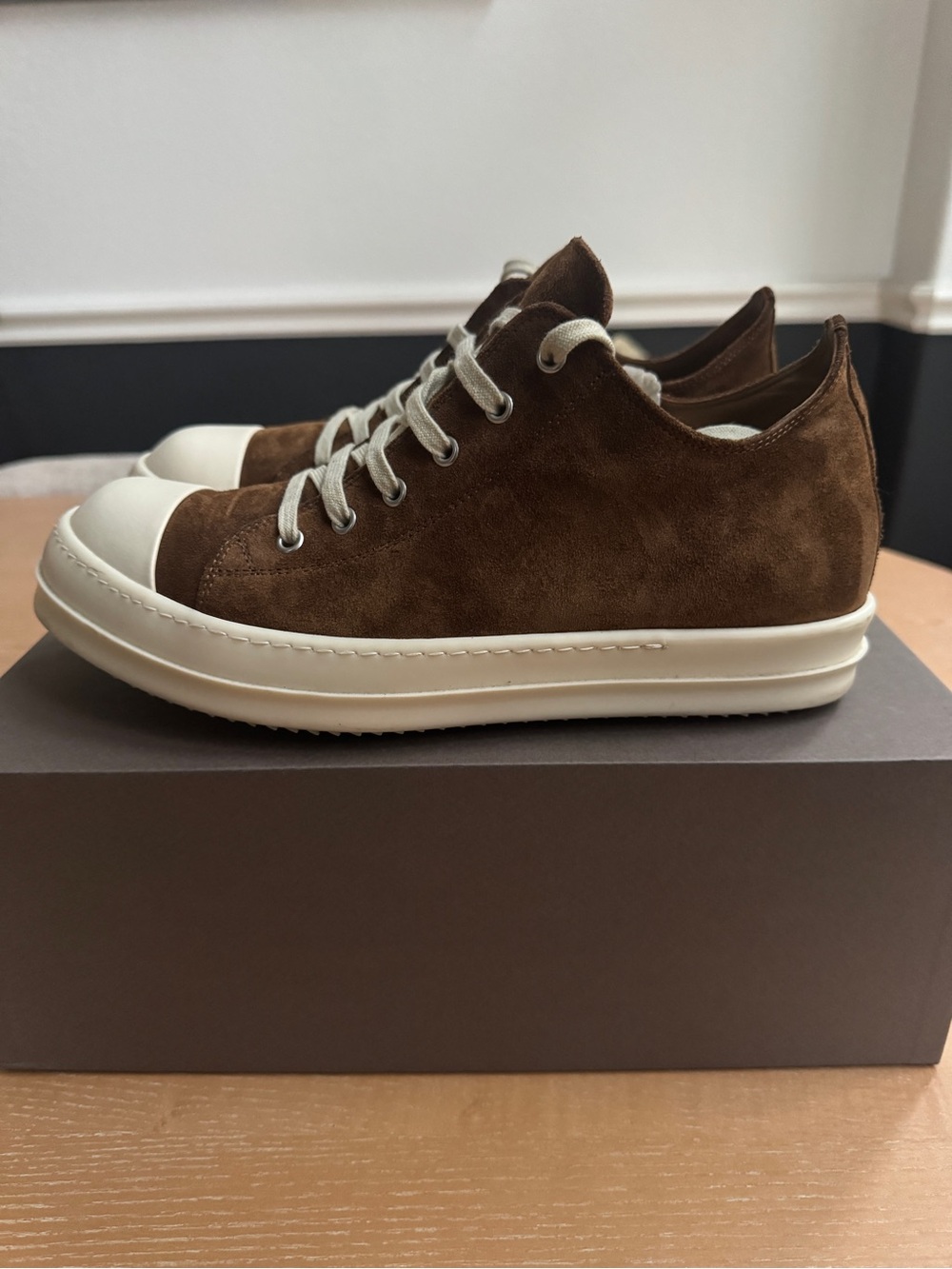 Rick Owens Brown Suede Low-Top Sneakers with Cream Sole